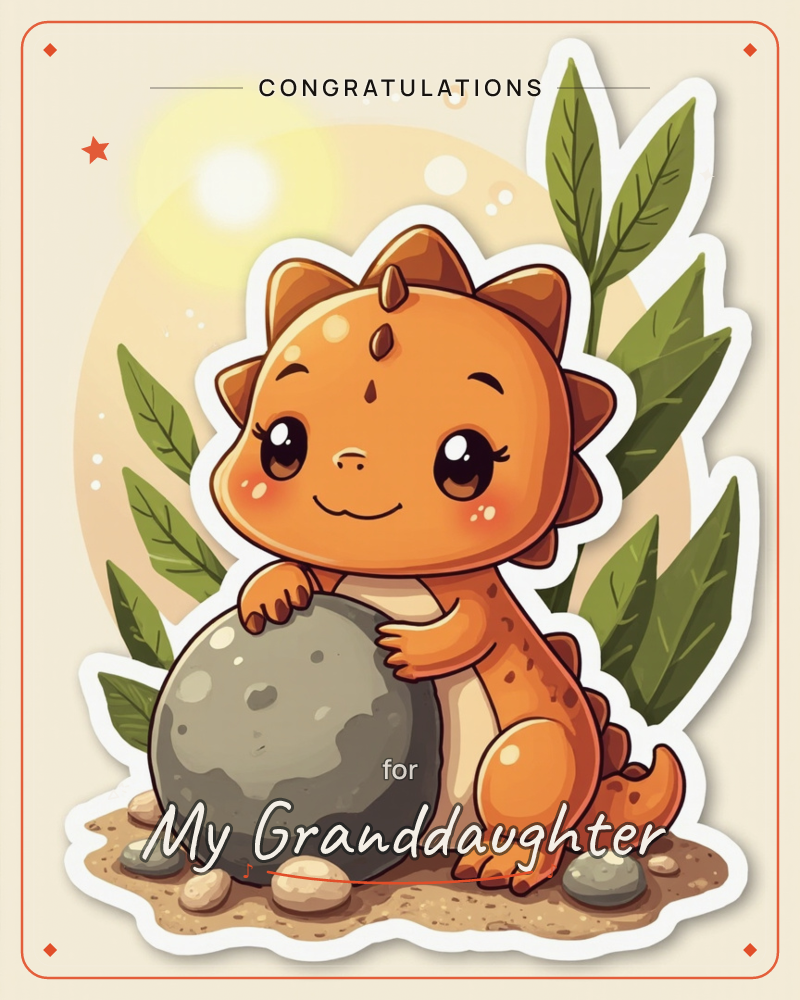 A cartoon baby dinosaur with orange scales and a spiky ridge hugs a large round grey stone, smiling with rosy cheeks against a warm sunlit backdrop of…, a graduation e-card design