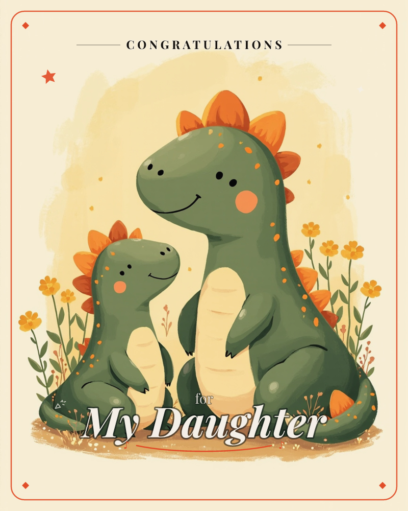 A large green dinosaur with orange spiky plates sits smiling beside a smaller dinosaur of the same kind, both with rosy cheeks and cream-colored…, a graduation e-card design
