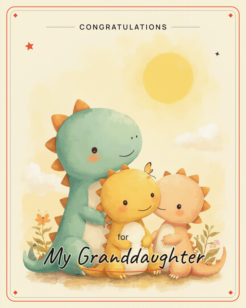 A large green dinosaur cuddles two smaller dinosaurs, one yellow and one peach, beneath a soft glowing sun and drifting clouds, a graduation e-card design