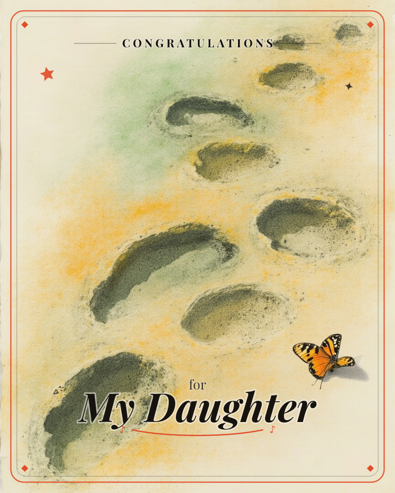 A trail of soft, shadowy hollows curves diagonally across a pale cream page, rendered in smudged charcoal and dusty pastel tones of green and ochre, a graduation e-card design