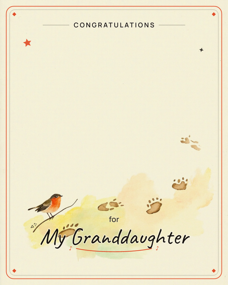 A small robin with an orange breast perches on a slender twig at the lower left of a cream page, watching a trail of soft paw prints wander off…, a graduation e-card design
