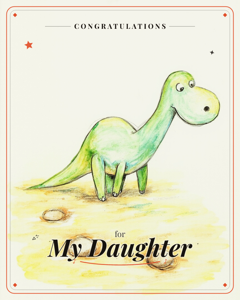 A friendly green long-necked dinosaur stands on sandy ground scattered with smooth round pebbles, its big cartoon eyes looking off to the side, a graduation e-card design