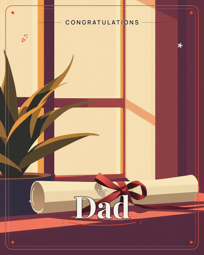A rolled diploma tied with a burgundy ribbon rests on a windowsill beside a potted spiky plant, warm late-afternoon light streaming through a paned…, a graduation e-card design