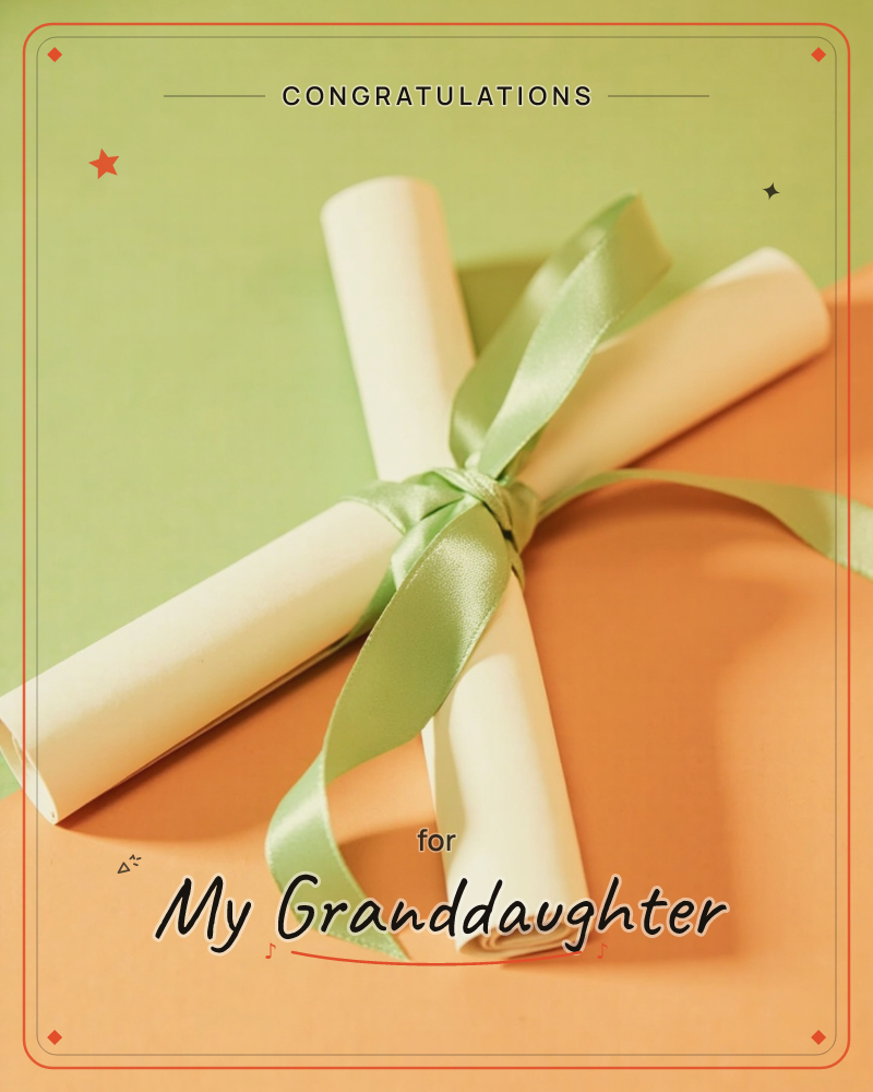 A photograph of two rolled cream-coloured scrolls tied together with a satin sage-green ribbon, resting diagonally across a two-tone backdrop of soft…, a graduation e-card design