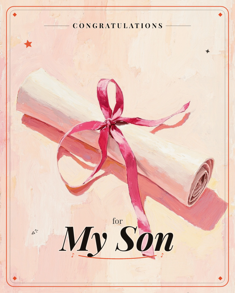 A rolled paper scroll, tied with a bright pink ribbon in a loose bow, rests diagonally against a softly blended pink and cream background, a graduation e-card design