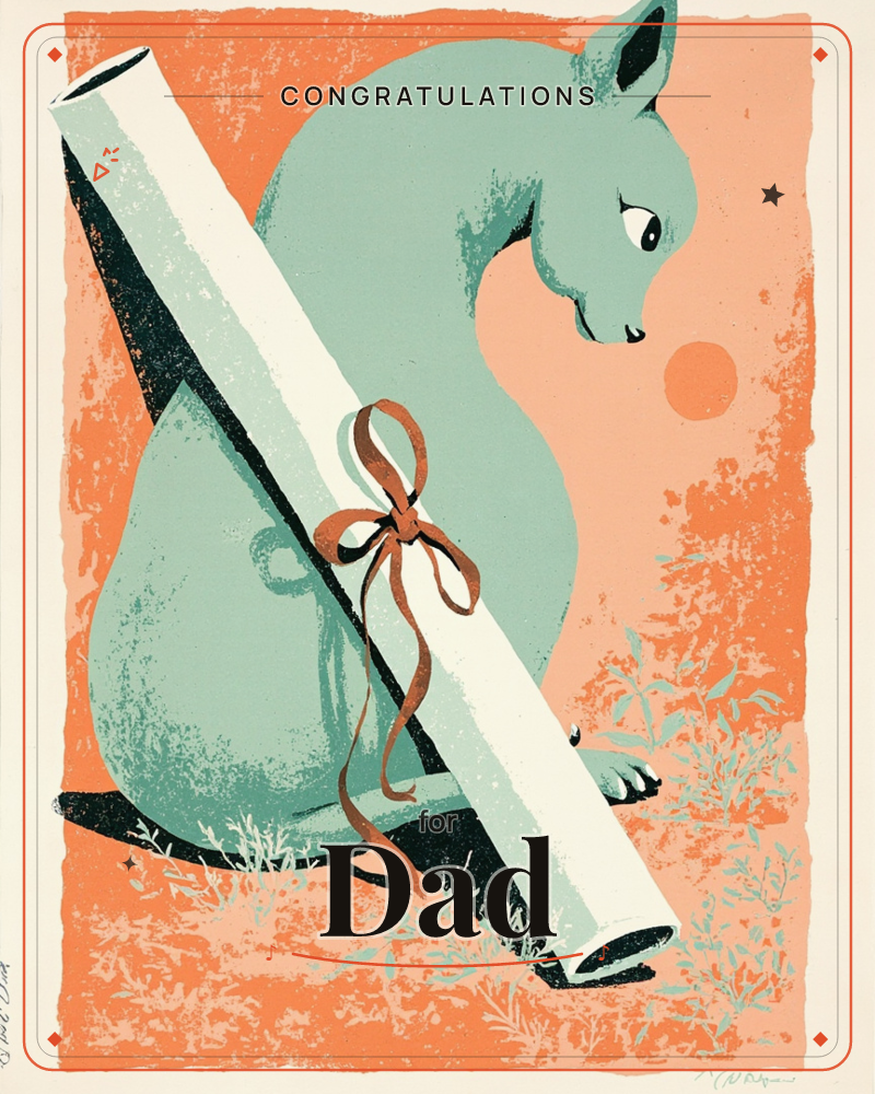 A stylised sage-green cat sits curled beside an oversized rolled scroll or bolt of paper, bound with a rust-orange ribbon tied in a loose bow, a graduation e-card design