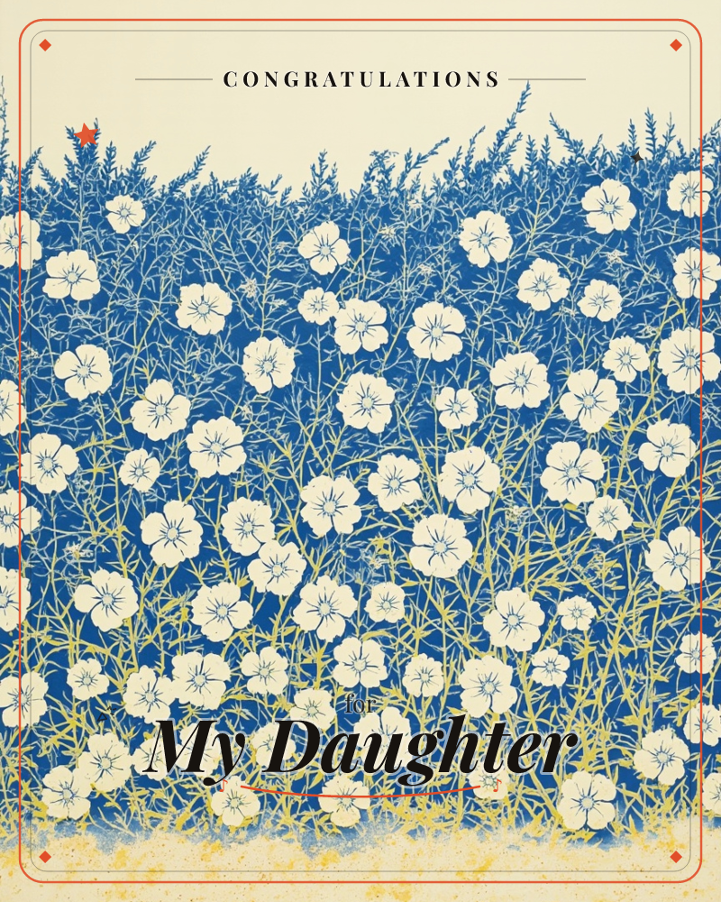 A dense field of white five-petalled flowers rises against a deep cobalt blue background, their thin yellow-green stems weaving together like a tangled…, a graduation e-card design