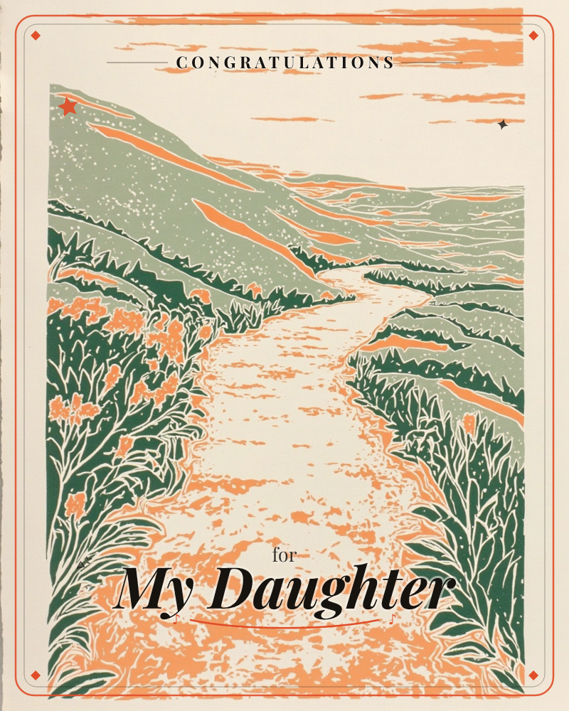 A winding path cuts through wildflowers and scrubby hills toward a distant, sage-green mountain range under a streaked sunset sky, a graduation e-card design