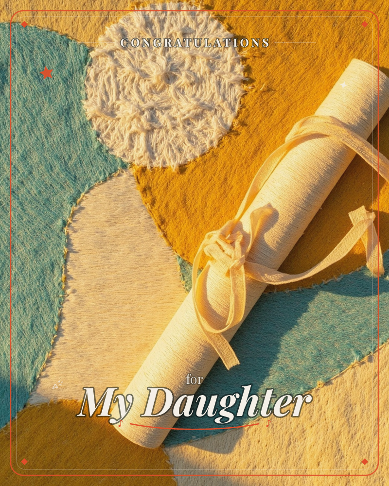 A rolled parchment scroll tied with a soft ribbon rests diagonally across a felted textile background of stitched teal, cream and mustard patches, with…, a graduation e-card design