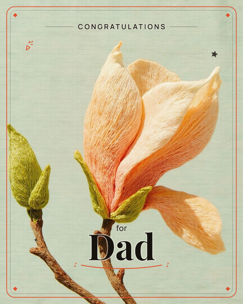 A single magnolia blossom in peach and cream opens on a bare twig, flanked by two olive-green buds still tightly closed, a graduation e-card design
