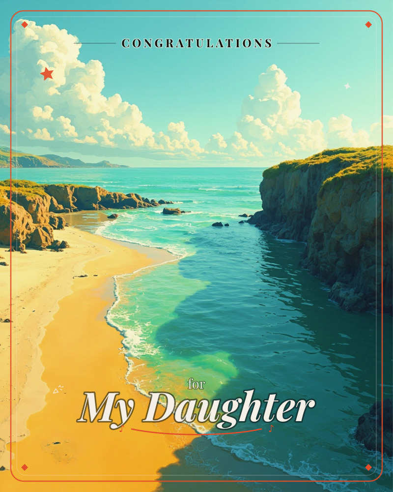 A sweeping coastal cove opens between grassy cliffs, with golden sand curving into turquoise shallows that deepen to teal further out, a graduation e-card design