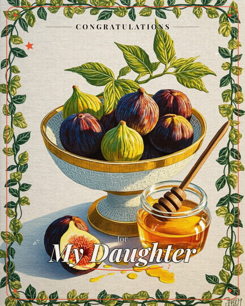 A pedestal bowl overflows with ripe figs, some deep purple and others streaked green-gold, their leafy stems still attached, a graduation e-card design