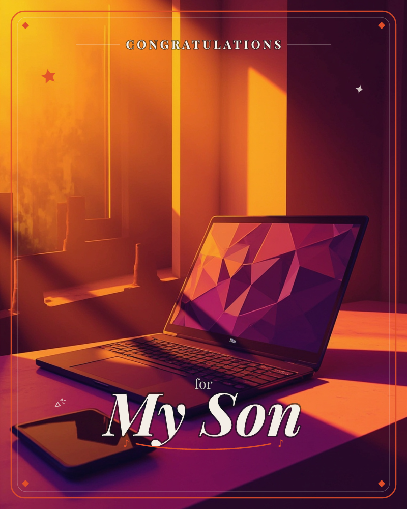 An open laptop sits on a desk in a room bathed in deep orange and amber light, its screen glowing with a faceted purple-pink geometric pattern, a graduation e-card design