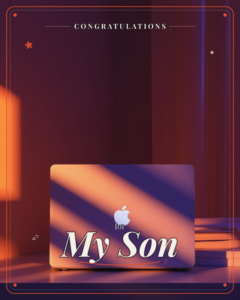 A closed laptop sits on a desk near a curtained window, its lid glowing with stripes of warm orange sunlight cut by deep purple shadow, a graduation e-card design