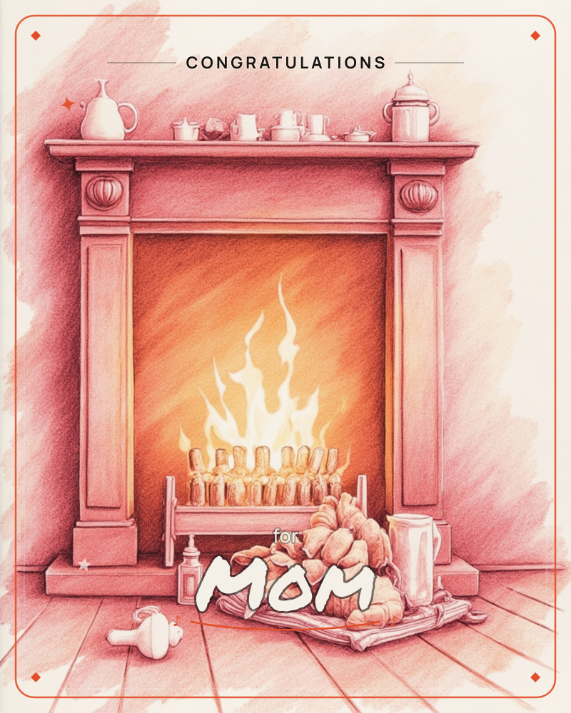A carved wooden mantelpiece glows in monochrome rose tones, its hearth blazing with tall flames over neat stacked logs, a graduation e-card design
