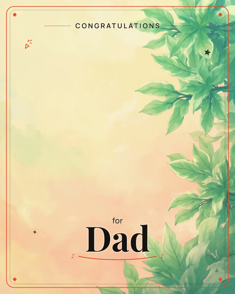 A cluster of fresh green leaves spills down the right-hand edge of the card, set against a soft cloudy wash of peach, cream and pale yellow, a graduation e-card design