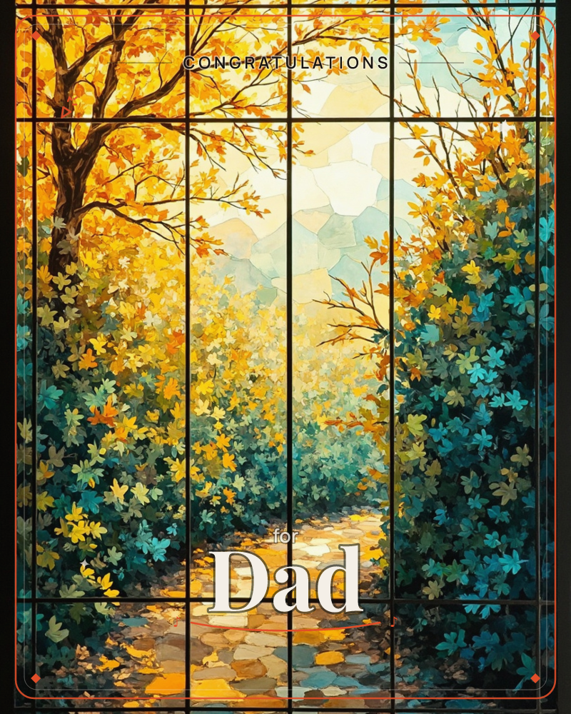 A stained-glass style illustration frames a golden autumn path winding between dense hedges of turquoise and amber leaves, with a great tree arching…, a graduation e-card design