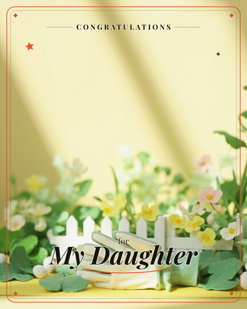 A single gardening glove rests on a sunny yellow tabletop in front of a miniature white picket fence, surrounded by pale yellow and pink blossoms and…, a graduation e-card design