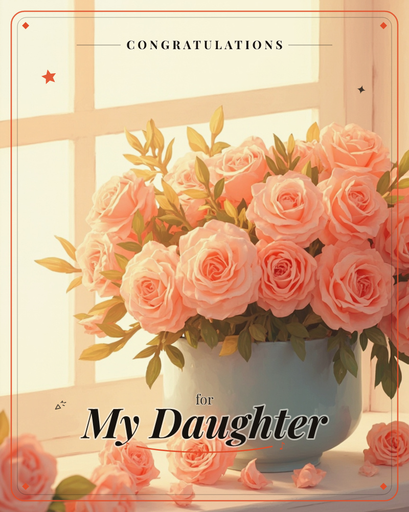 A soft blue vase overflows with peach-pink roses set on a windowsill, backlit by warm sunlight through paned glass, a graduation e-card design