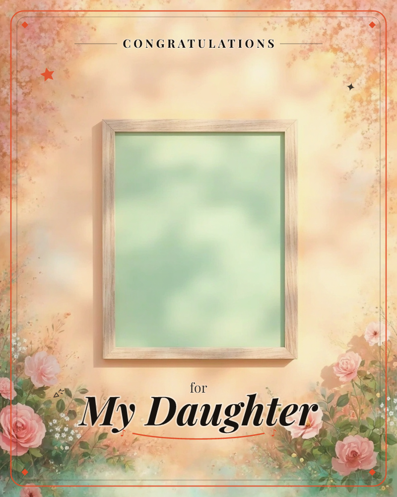 An empty wooden picture frame hangs on a softly glowing wall, its pale green centre glowing like a window into hazy light, a graduation e-card design
