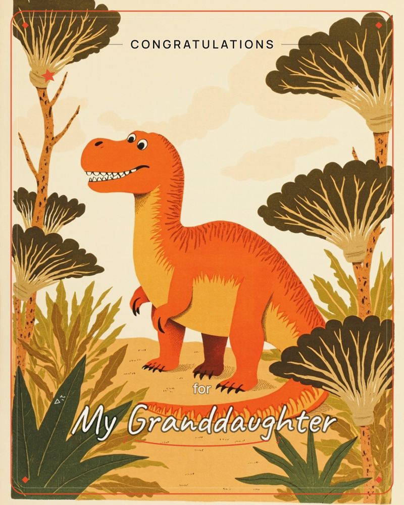 A cheerful orange dinosaur stands grinning on a sandy path, flanked by tall palm-like trees with tufted olive-green fronds, a graduation e-card design