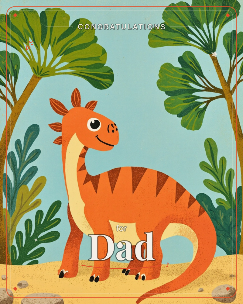 A cheerful orange long-necked dinosaur stands smiling on sandy ground, its back lined with triangular rust-brown spikes and its cream belly catching…, a graduation e-card design