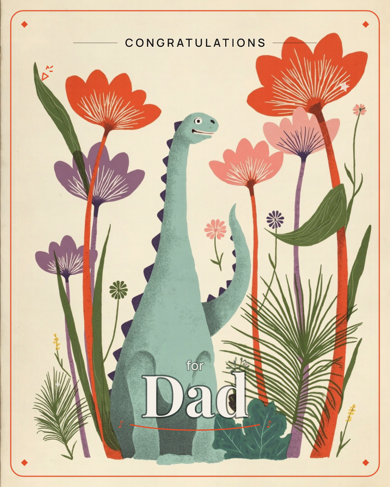 A smiling teal dinosaur with a long curved neck and purple-tipped spines stands among tall stylised flowers in red, pink and purple, its tail curling…, a graduation e-card design