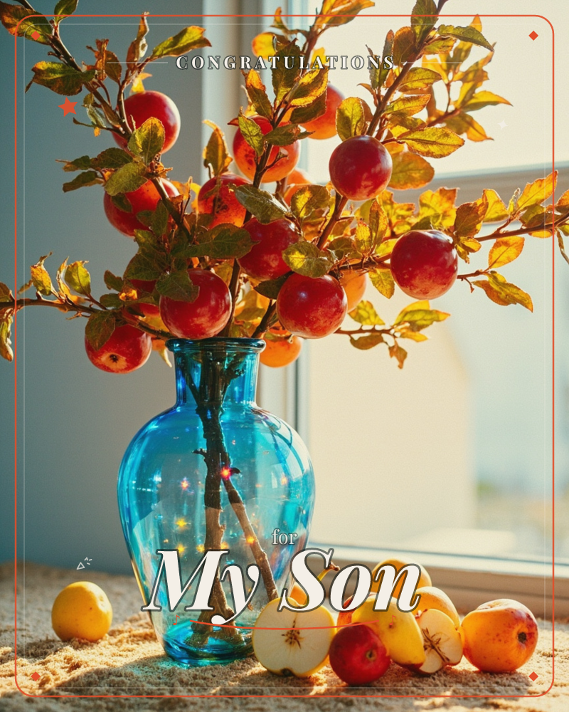 A blue glass vase sits on a windowsill, filled with leafy branches heavy with small red apples, their leaves turning gold in the autumn light, a graduation e-card design