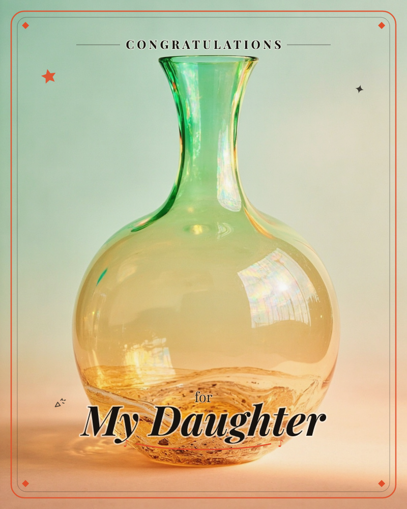 A round-bellied glass vase stands alone against a soft gradient backdrop that shifts from seafoam at the top to blush pink below, a graduation e-card design