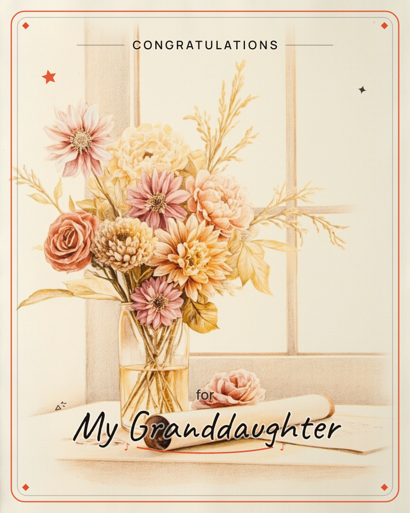 A glass jar of dahlias, roses, peonies and dried grasses sits on a windowsill, backlit by soft golden light through a paned window, a graduation e-card design