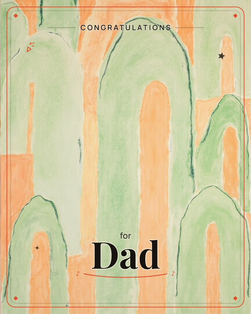 An abstract arrangement of tall, rounded arches painted in soft sage and mint green, each outlined with a fine dark green wobbly line, standing against…, a graduation e-card design