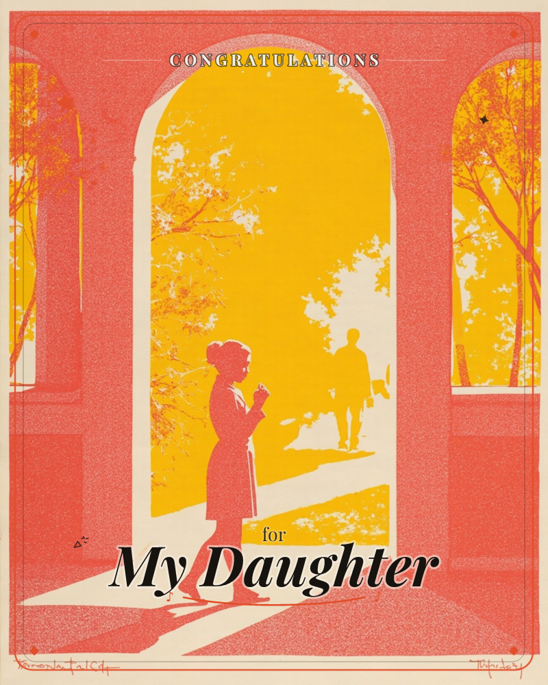 A row of stone arches frames a golden autumn courtyard beyond, rendered in bold sunset-orange and mustard-yellow silhouettes, a graduation e-card design