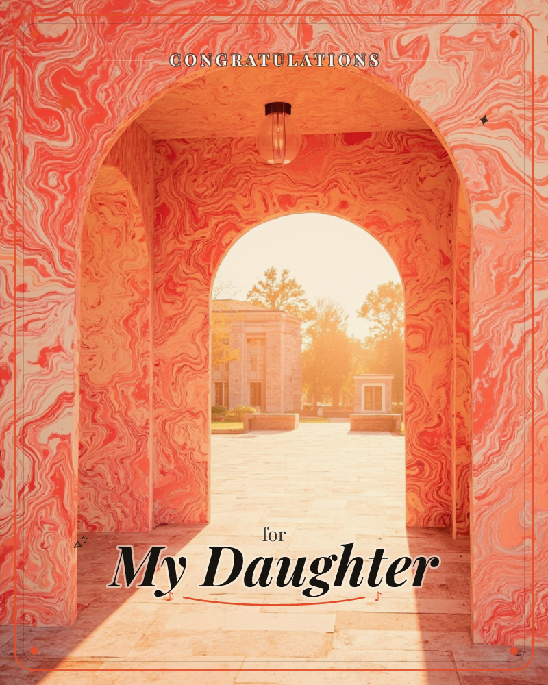 A swirling marbled archway in shades of coral and cream frames a sunlit courtyard beyond, where a stone pavilion and trees glow in warm afternoon light, a graduation e-card design