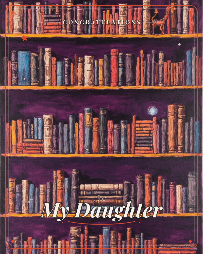 A tall bookcase painted in thick, textured strokes holds five packed shelves of books in every colour against deep aubergine wood, a graduation e-card design