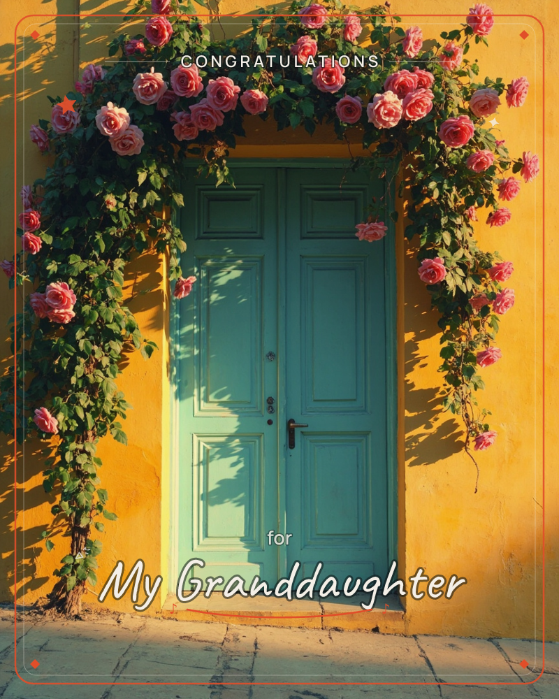 A weathered turquoise double door sits framed in a sun-warmed ochre wall, with a thick climbing rose vine arching overhead and trailing down both sides…, a graduation e-card design