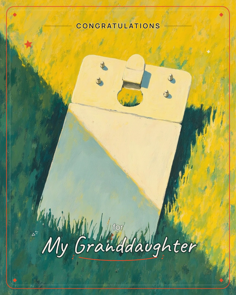 A close-up painting of a pale metal base marker, the kind bolted into the ground, set among tall grass and dappled sunlight, a graduation e-card design