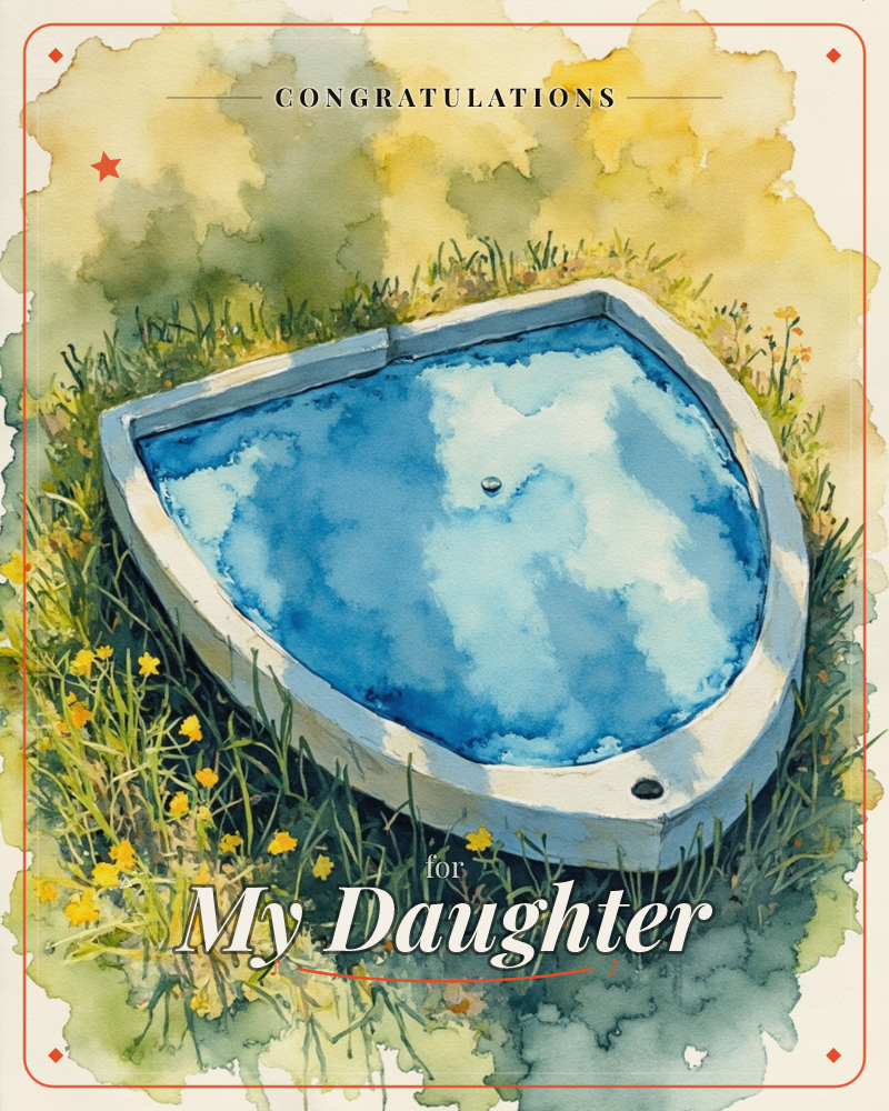 A stone water trough sits nestled in tall grass and yellow wildflowers, its surface reflecting a pale sky in washes of blue and white, a graduation e-card design