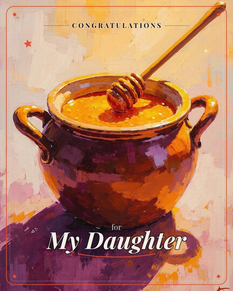 A round, two-handled ceramic pot sits filled with glossy amber honey, a wooden dipper resting across the rim, a graduation e-card design