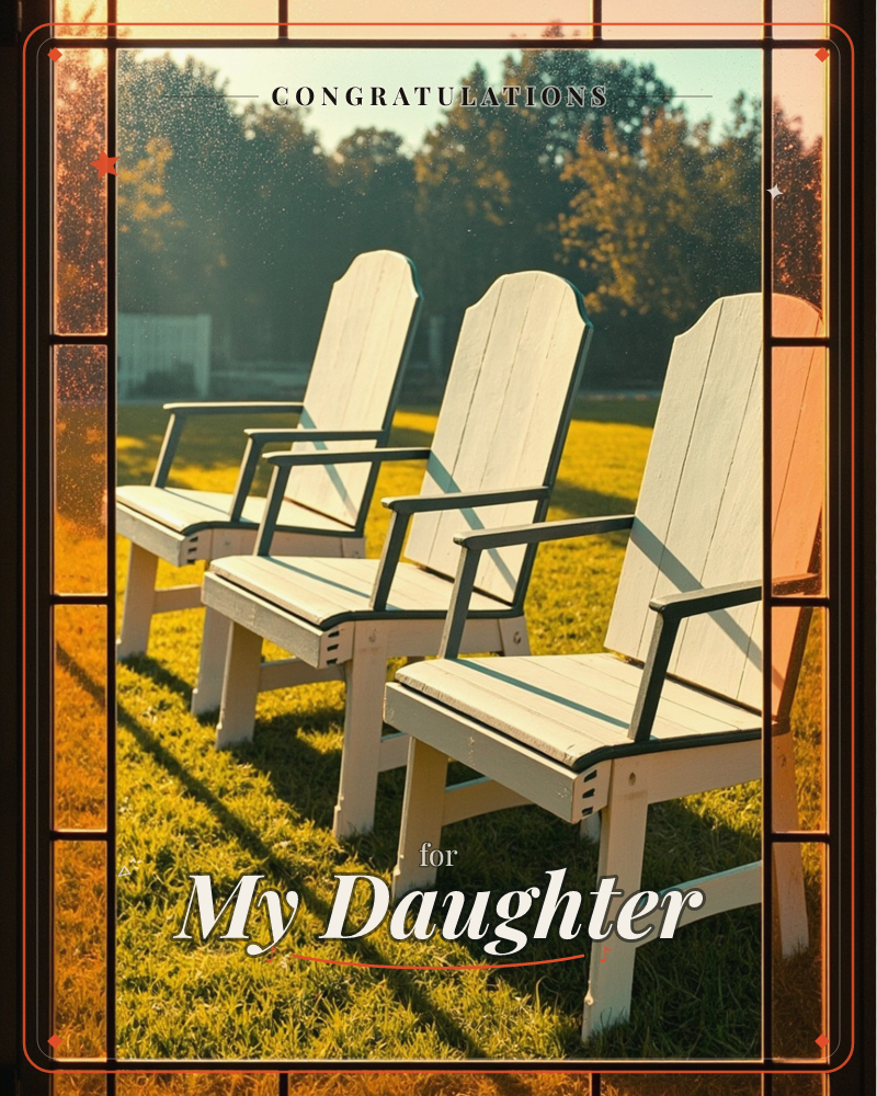 Three white Adirondack chairs sit empty in a row on a sunlit lawn, viewed as if through a paned window frame at the edges, a graduation e-card design