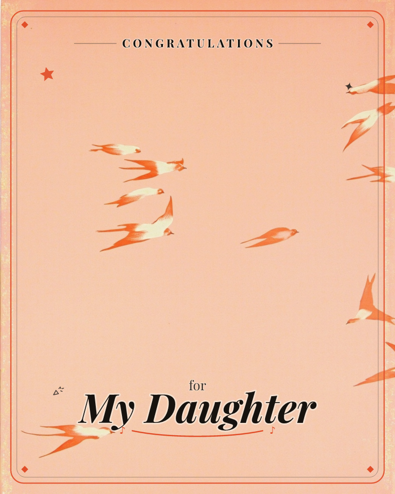 A flock of swallows glides across a wide peach-pink sky, their forked tails and pointed wings rendered in warm coral and cream, a graduation e-card design