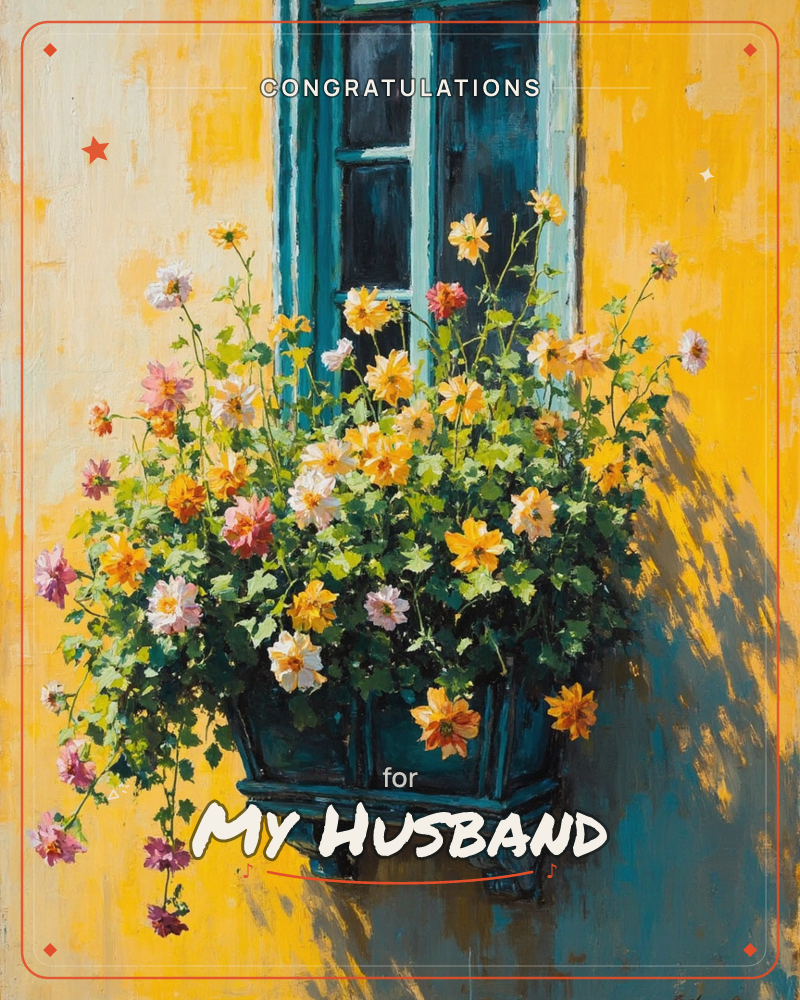 A teal window box overflows with pink, white, and orange dahlias against a sun-washed mustard-yellow wall, a graduation e-card design