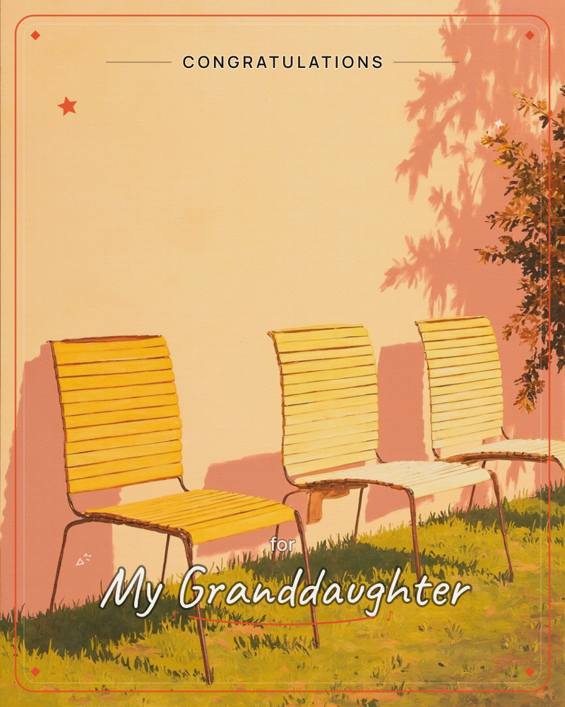 Three empty yellow slatted chairs stand in a row on a grassy slope against a warm blush-toned wall, a leafy tree casting soft dappled shadows across…, a graduation e-card design
