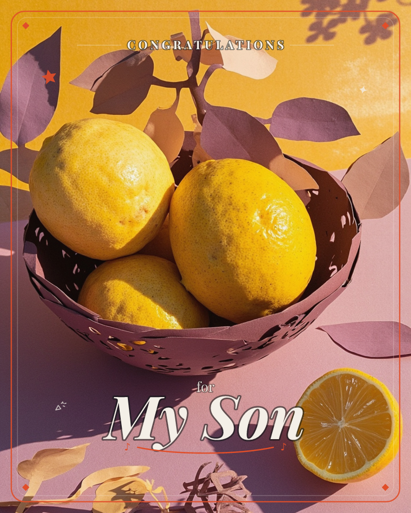 A perforated bowl of whole lemons sits on a dusty pink surface against a warm mustard-yellow backdrop, with paper leaves and a cut branch scattered…, a graduation e-card design