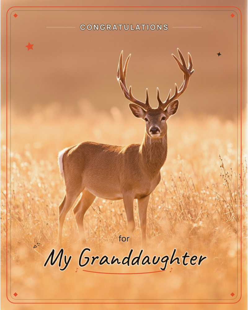 A stag with a full rack of antlers stands alert in a golden field of tall dry grass, its coat glowing warm amber in low sunlight, a graduation e-card design