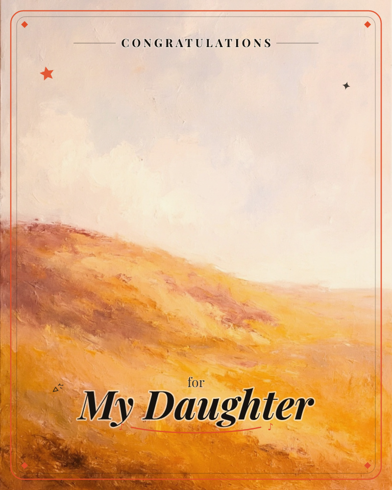 A sunlit hillside rolls across the canvas in loose, buttery strokes of gold and amber, its ridge catching a warm rust-red glow along the top edge, a graduation e-card design