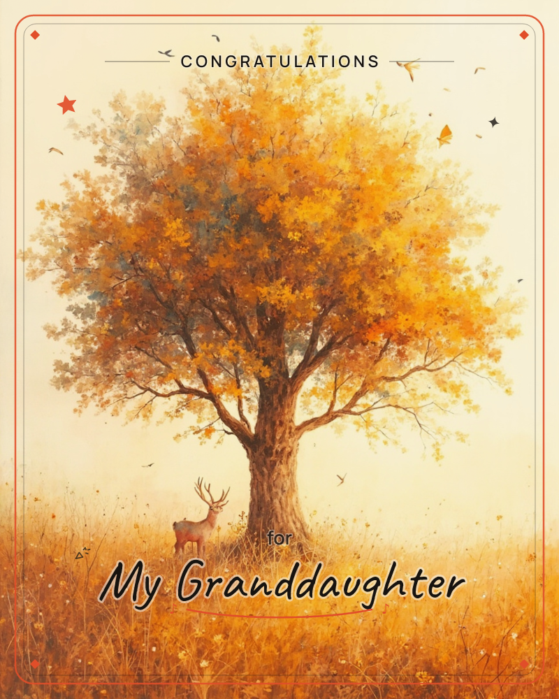 A single tree stands full and golden in an open autumn field, its canopy a blaze of amber and ochre leaves against a soft, hazy sky, a graduation e-card design