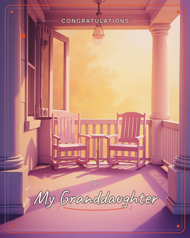 A sunlit porch glows in warm gold and pink as evening light spreads across the sky beyond the railing, a graduation e-card design