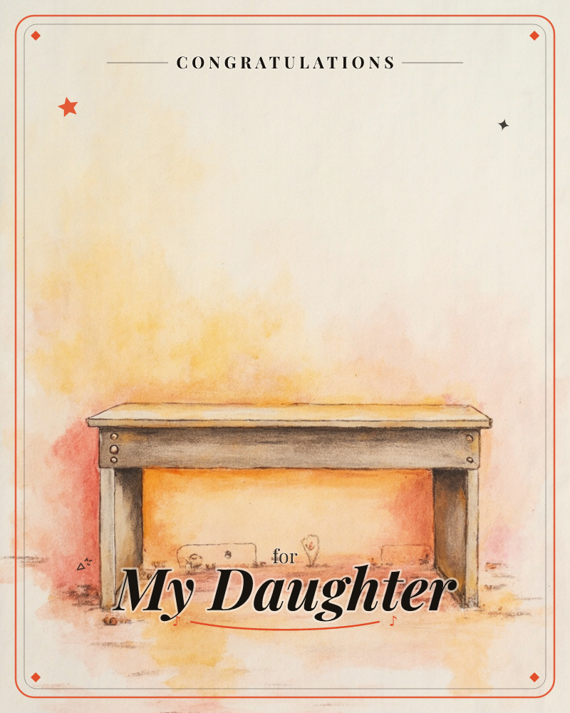 A simple wooden bench or table sits alone on a wash of glowing orange and pink watercolour, with faint scattered marks in the empty space beneath it, a graduation e-card design