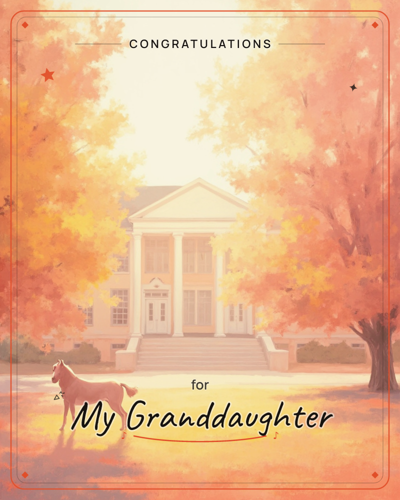 A columned, white plantation-style house glows at the end of a lawn, framed by two enormous trees blazing in orange and gold autumn colour, a graduation e-card design