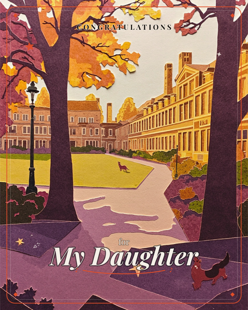 A layered paper-cut illustration shows a grand collegiate courtyard framed by tall autumn trees with rust and gold leaves, a graduation e-card design